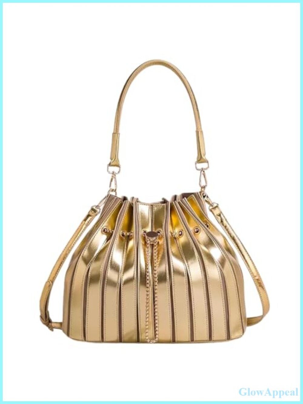 Pleated Vegan PU Leather Bucket Bag Detachable Crossbody Strap